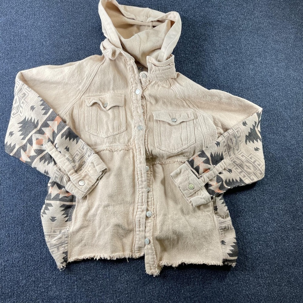 BKE Jacket Womens Small Beige Hooded Southwestern Snap Front Fringe Twill Casual